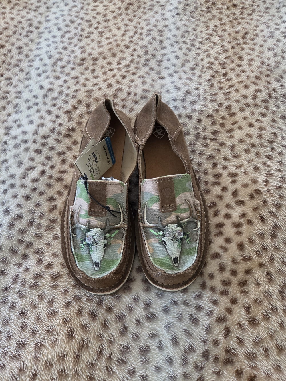 Ariat Brown & Green Camo Womens Slip-On Moccasins with Steer Skull